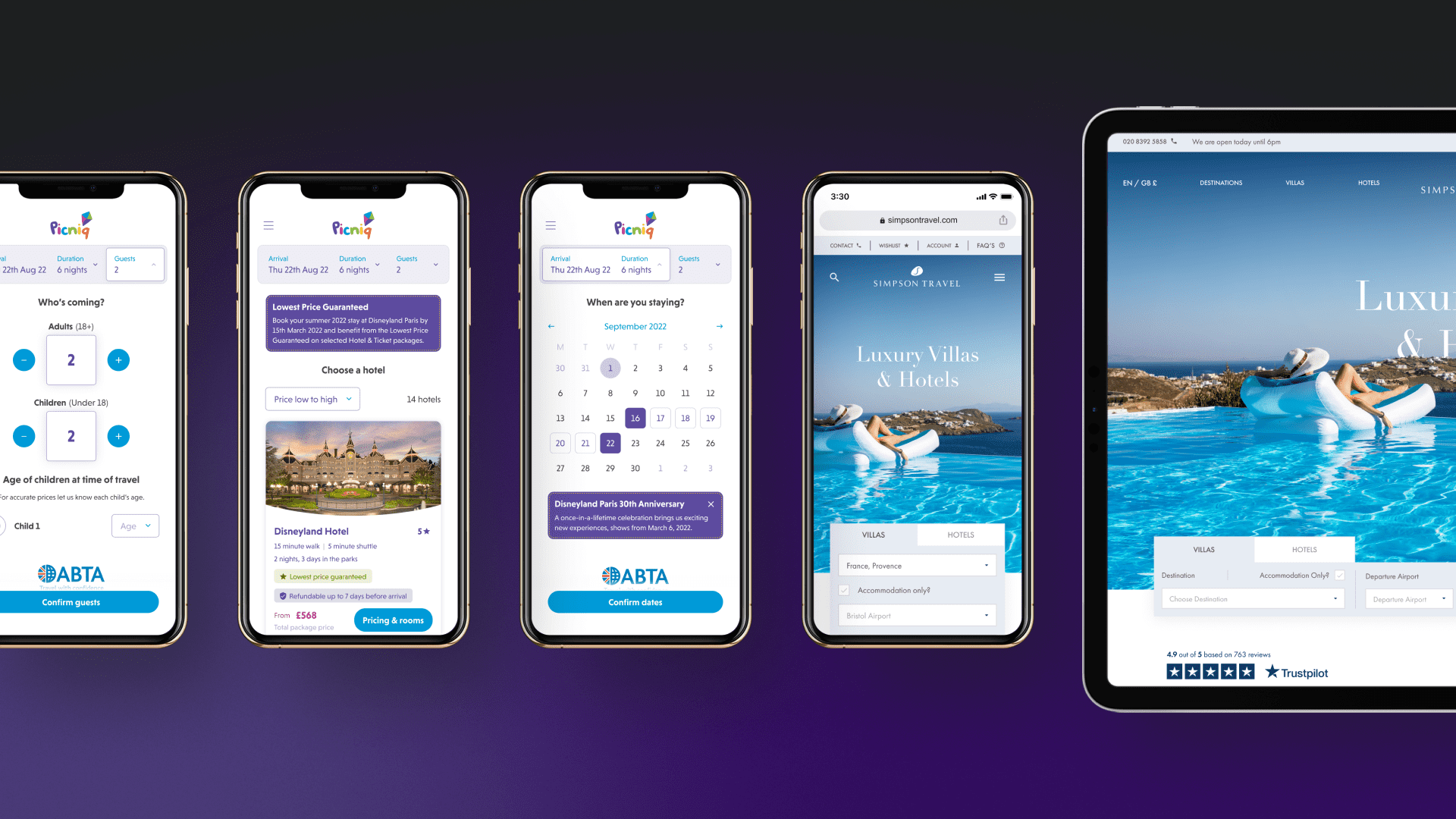 Comparison of user booking flows on mobile and tablet devices for Picniq and Simpson Travel websites.