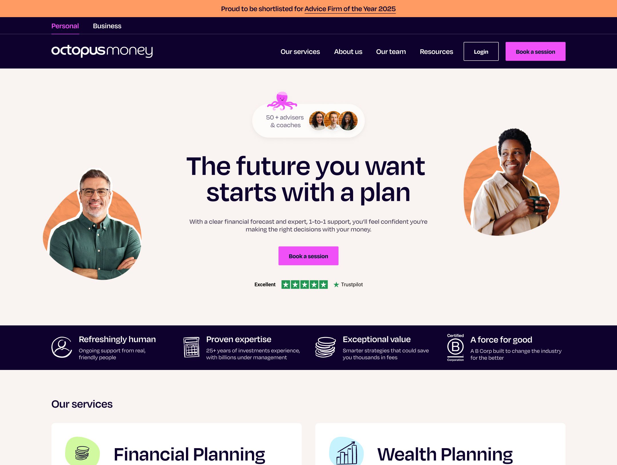 Octopus Money website homepage featuring two advisors in circular orange frames, with text stating "The future you want starts with a plan" and information about financial planning services.