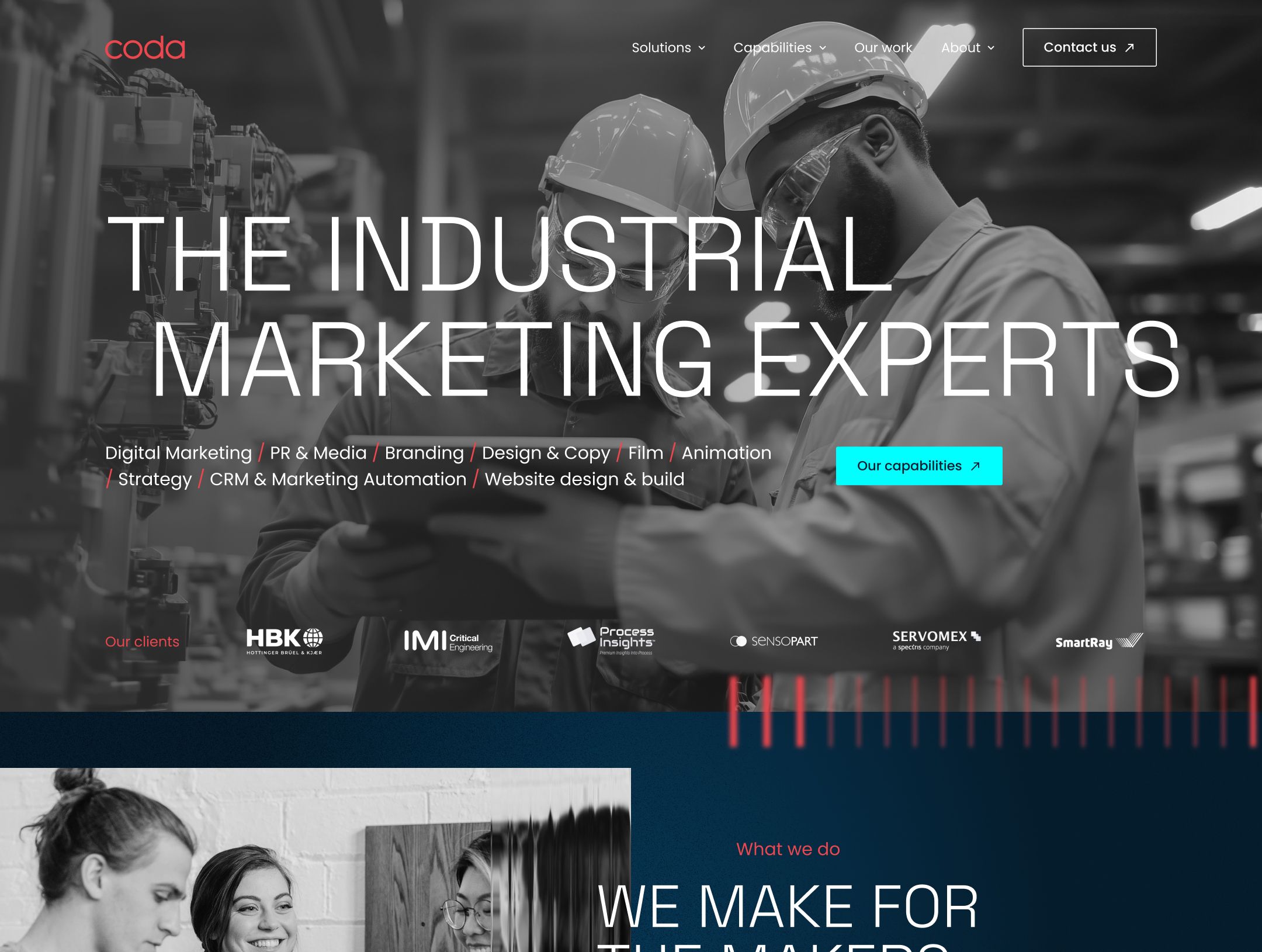 Website homepage for Coda, an industrial marketing agency, featuring workers in hard hats and the tagline "The Industrial Marketing Experts.".