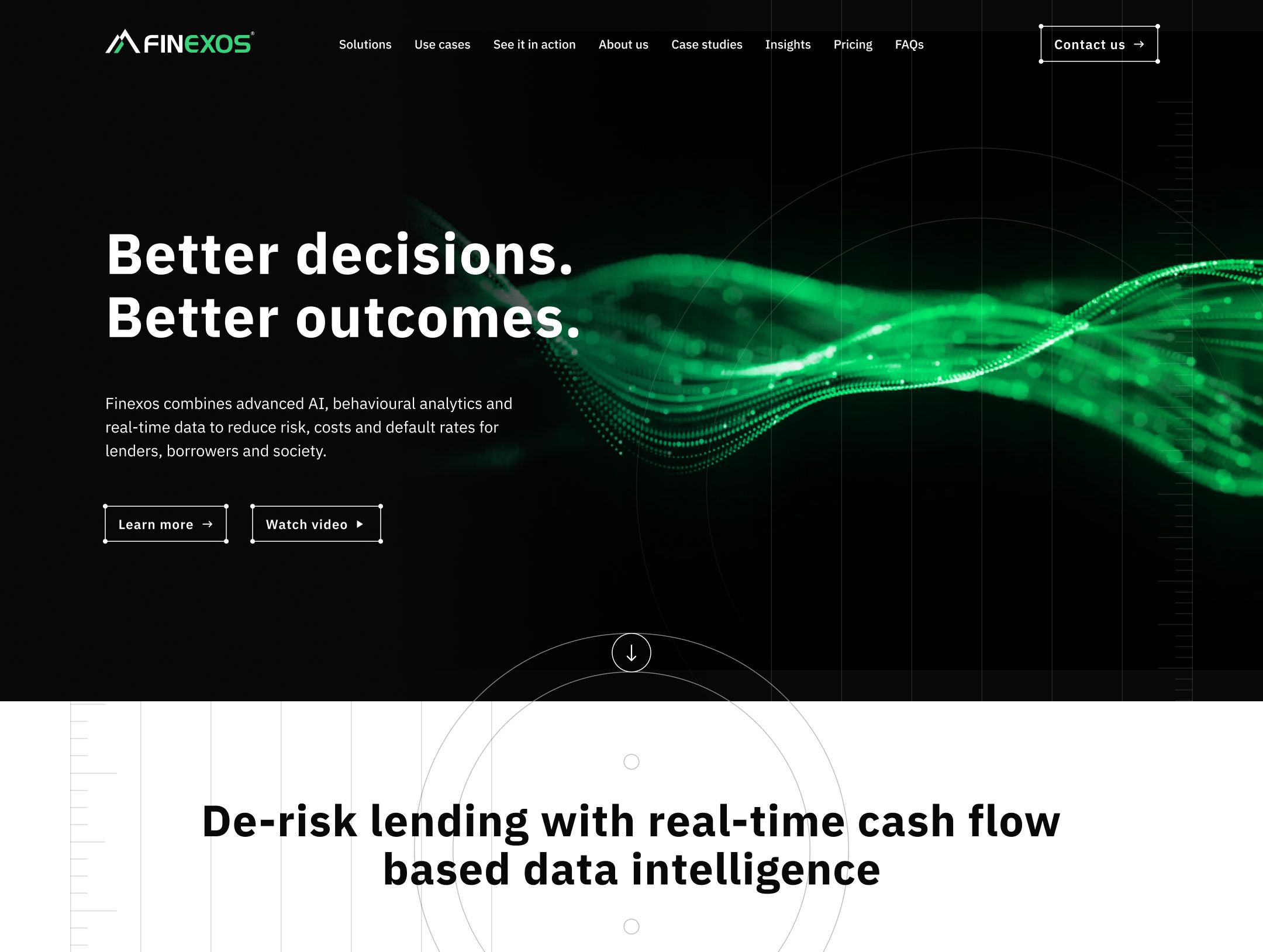Finenxos website homepage displaying the headline "Better decisions. Better outcomes." with a green digital wave graphic and navigation menu at the top.