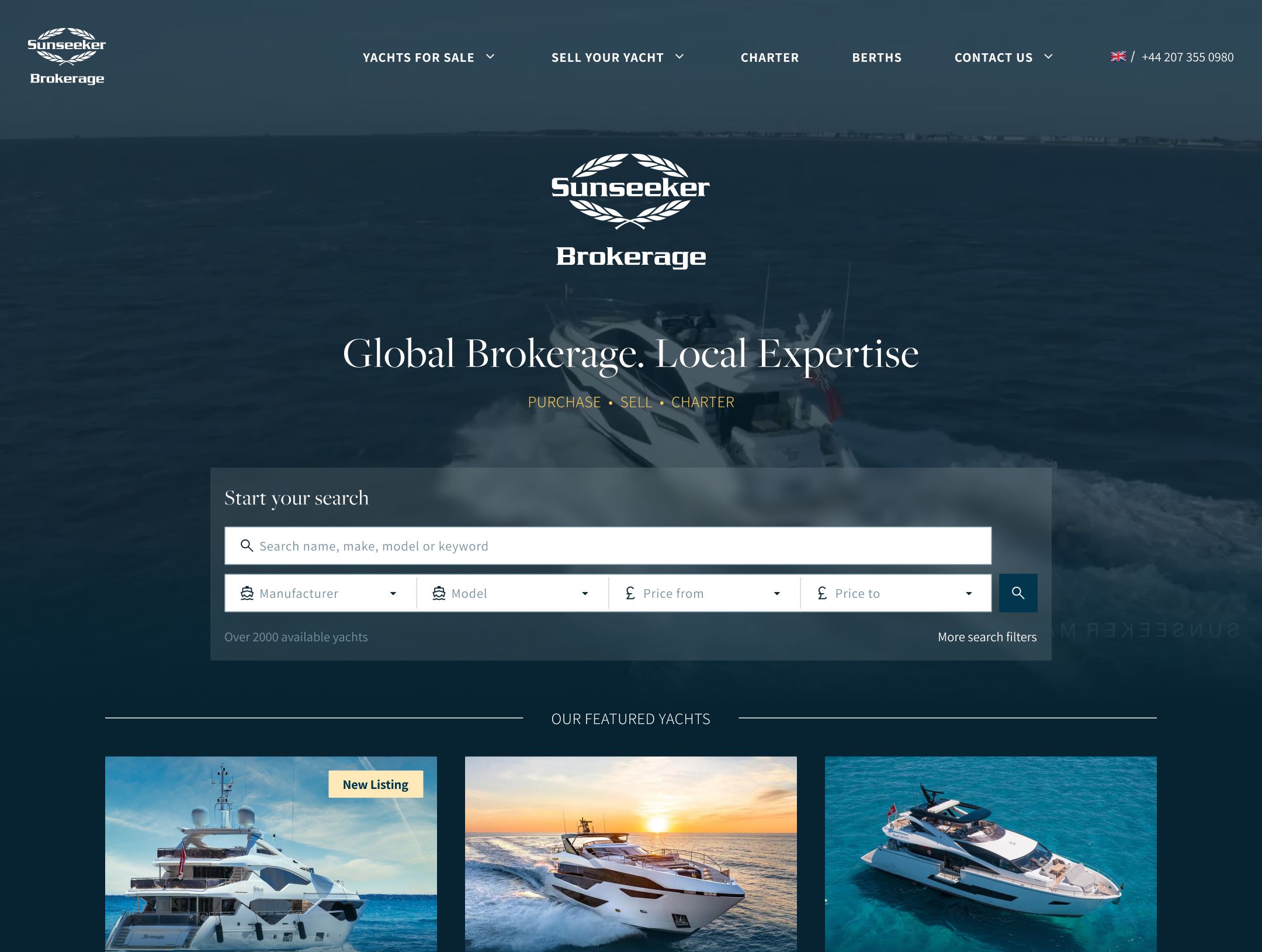 Sunseeker Brokerage website homepage with yacht search interface and three featured luxury motor yachts.
