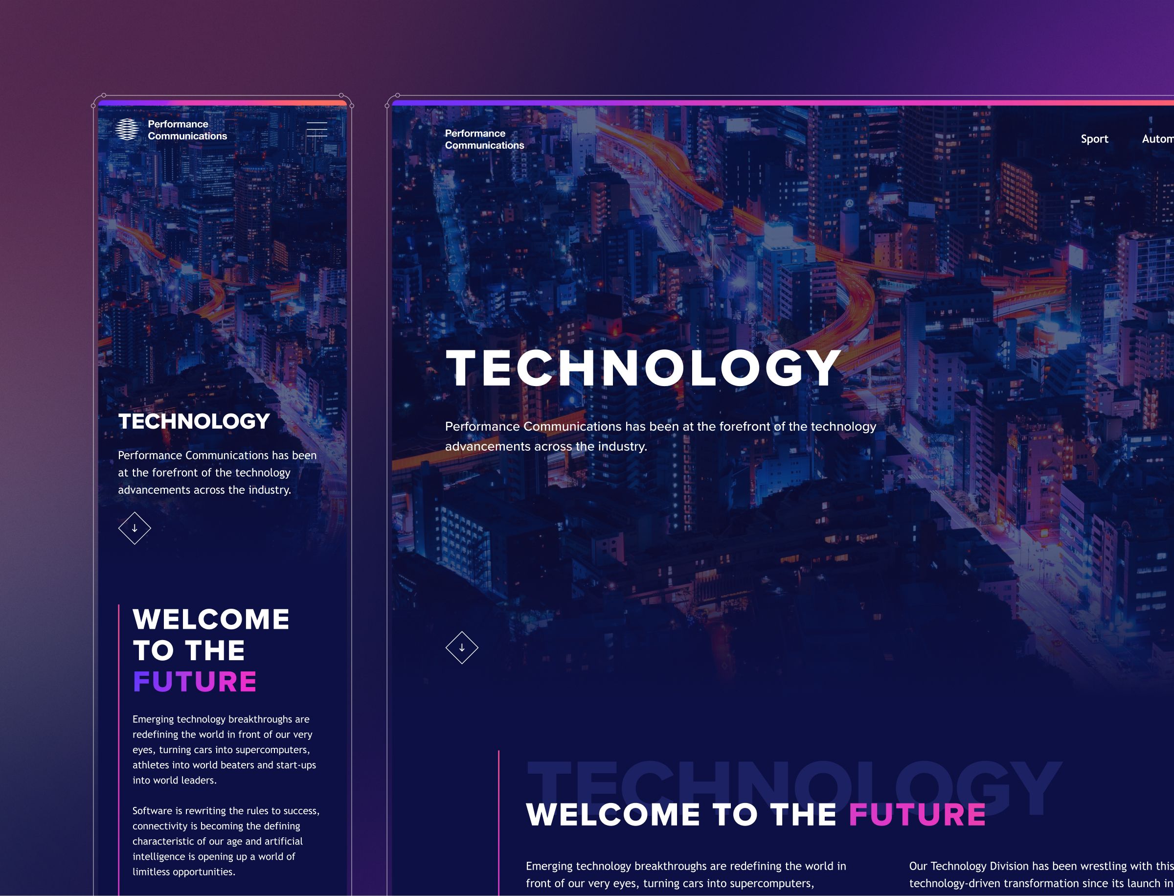 Two responsive web layouts for a technology section display an aerial cityscape with glowing streets and buildings, featuring "Welcome to the Future" messaging and descriptive text about performance communications and emerging technology.