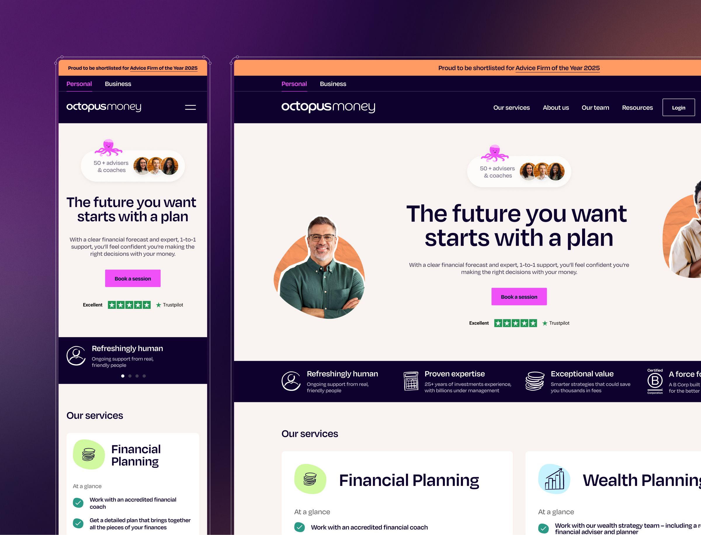 Side-by-side comparison of mobile and desktop versions of Octopus Money's website homepage, featuring financial planning services with testimonial photos and service descriptions.