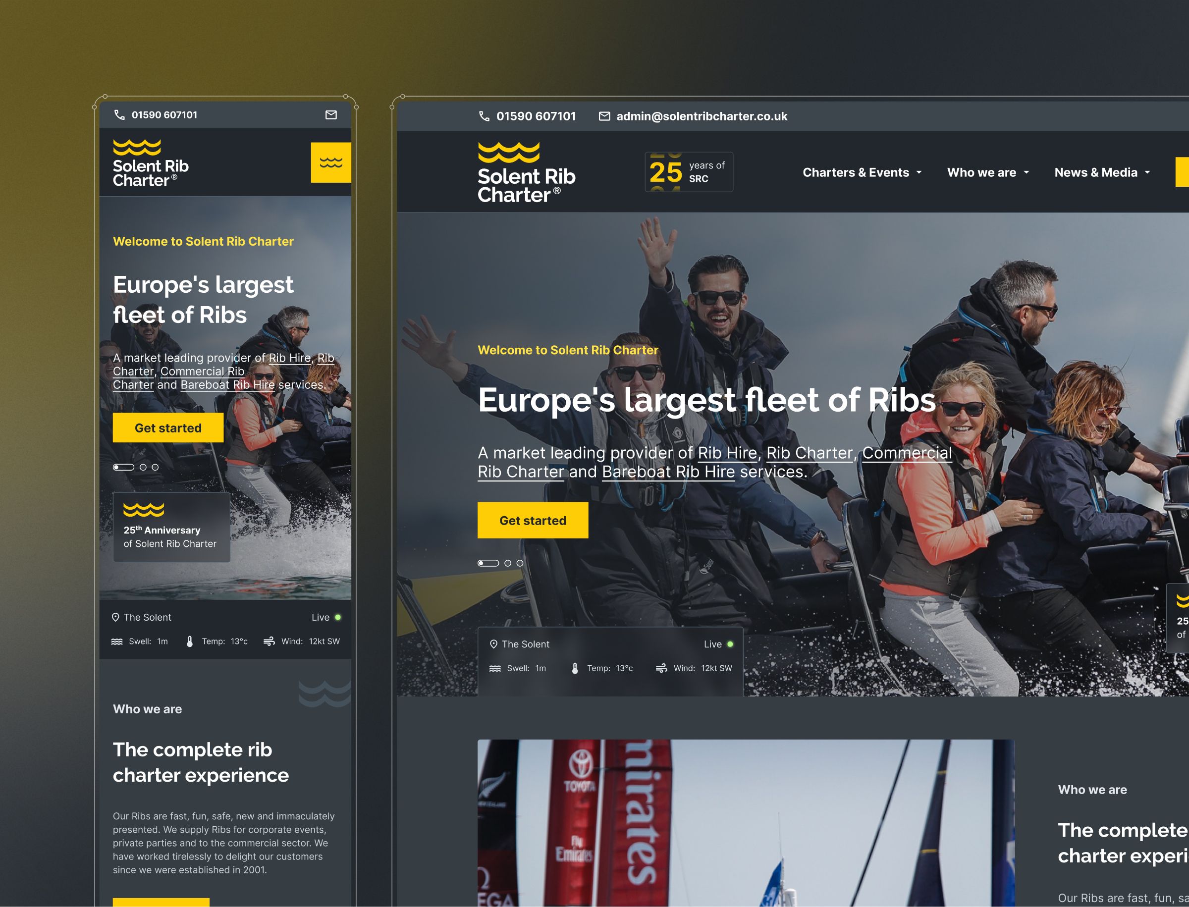 Solent Rib Charter website displayed on mobile and desktop screens, showing the homepage with a group of people in a speedboat and yellow call-to-action buttons.