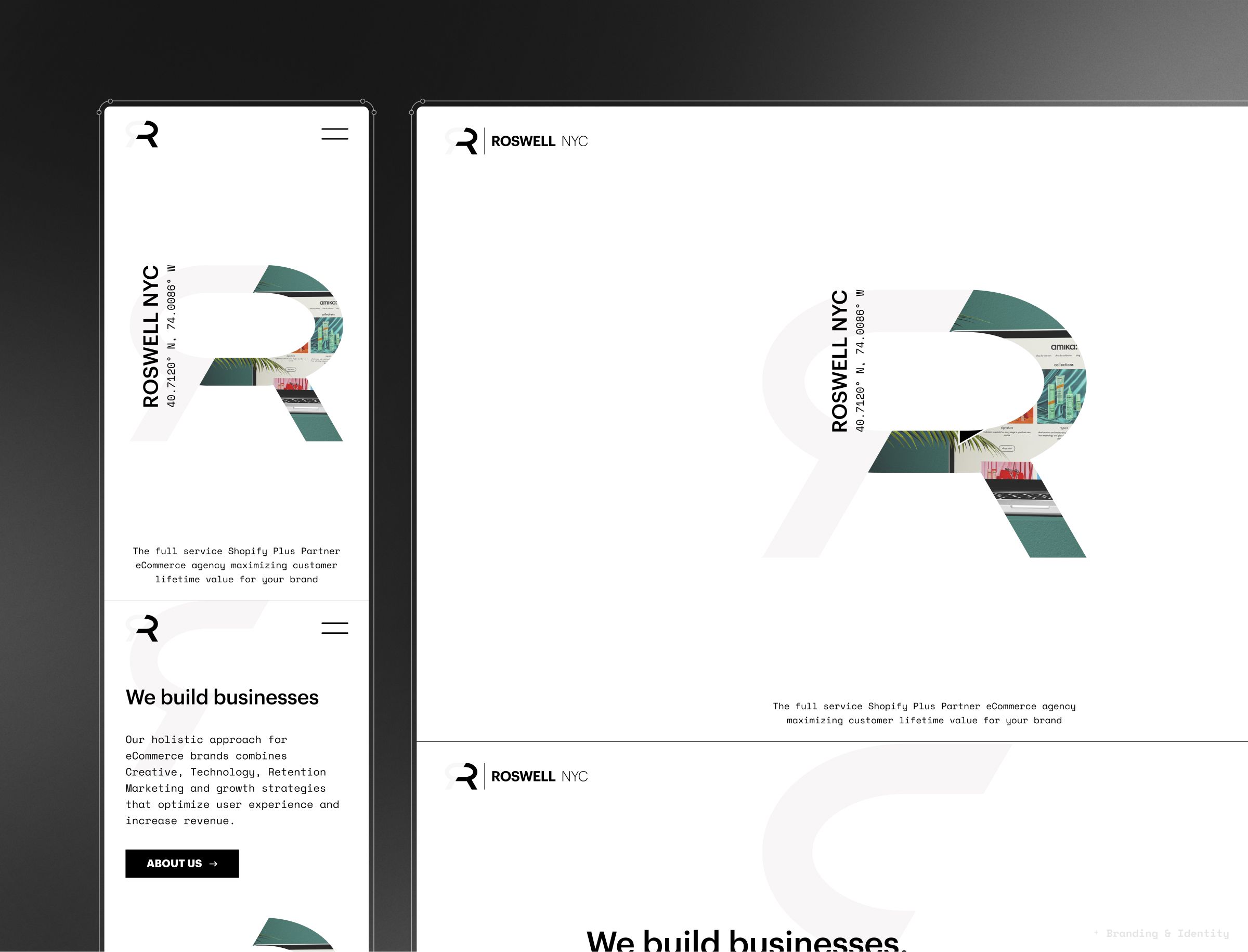 Roswell NYC branding materials displaying a geometric logo composed of green parallelograms with photographic elements, shown across multiple layouts with the tagline "We build businesses.".