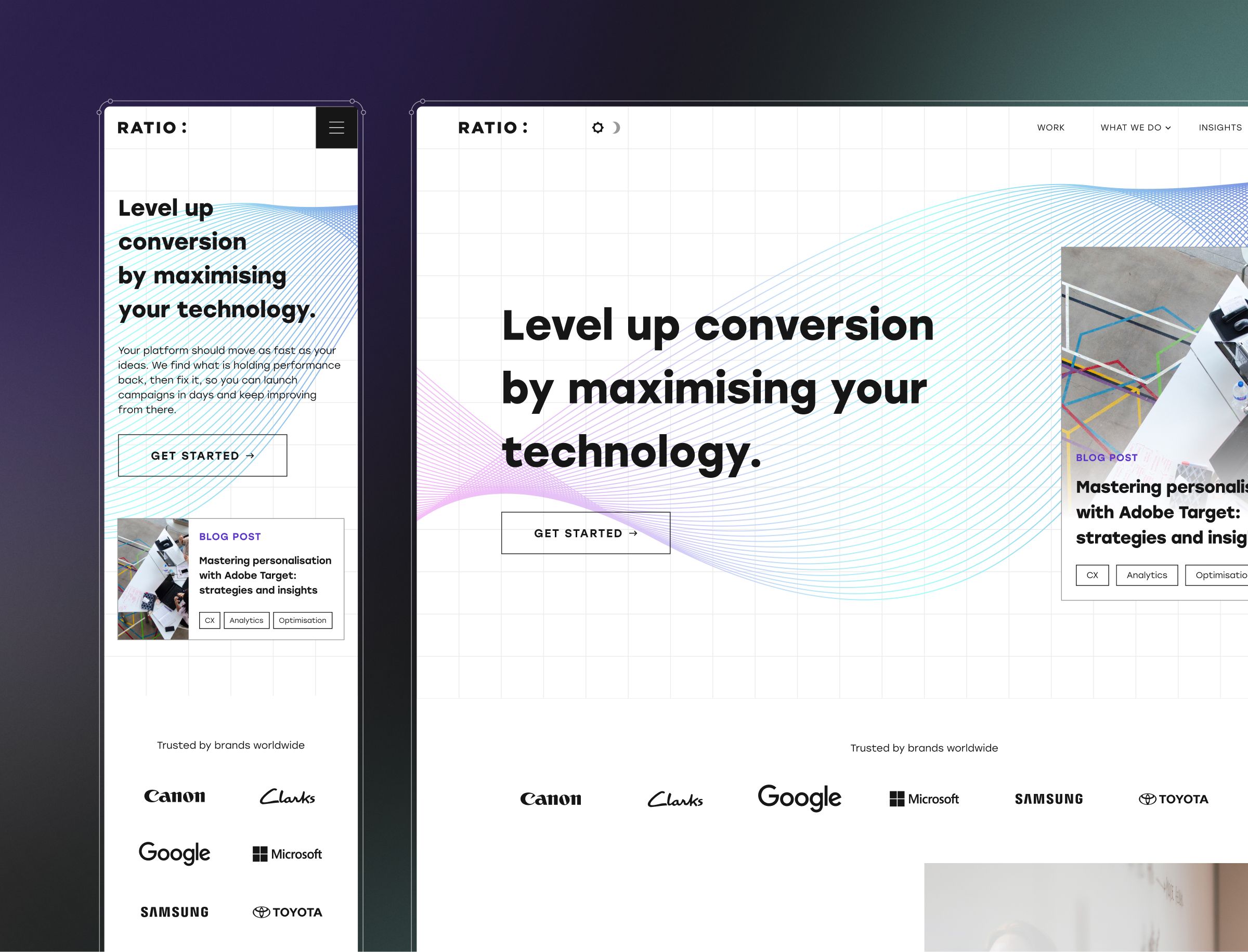 Two responsive web layouts displaying a conversion-focused landing page with the headline "Level up conversion by maximising your technology," accompanied by a call-to-action button and brand logos including Canon, Clarks, Google, Microsoft.