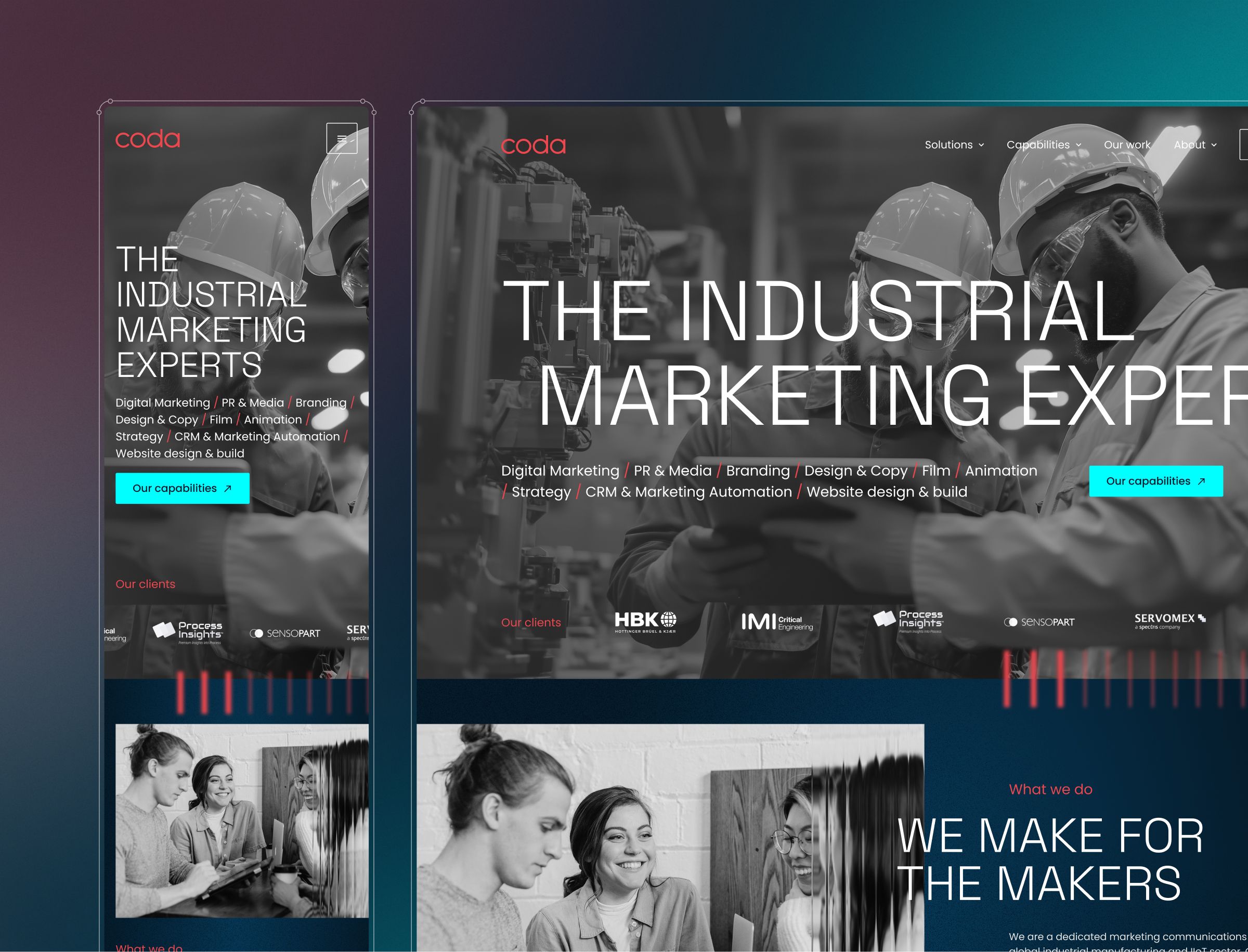 Two website layouts for Coda, an industrial marketing agency, displaying their homepage with headline text, service offerings, client logos, and black and white photographs of people collaborating.