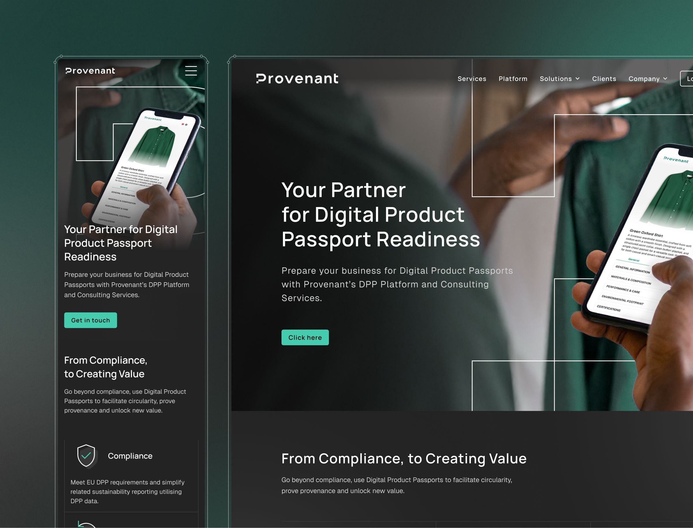Provenant's website displays their Digital Product Passport Readiness service across mobile and desktop layouts, featuring a smartphone interface and messaging about compliance and value creation.