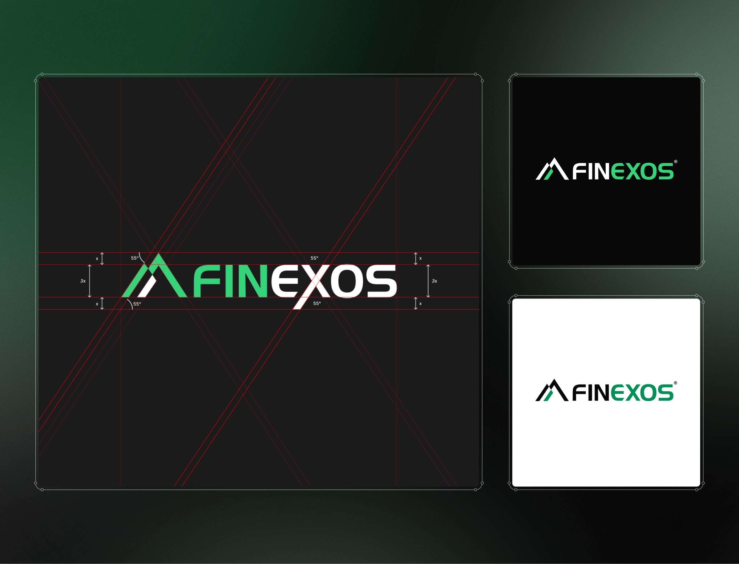 Finexos logo displayed centrally on a black background with geometric teal and green gradient shapes in the corners.
