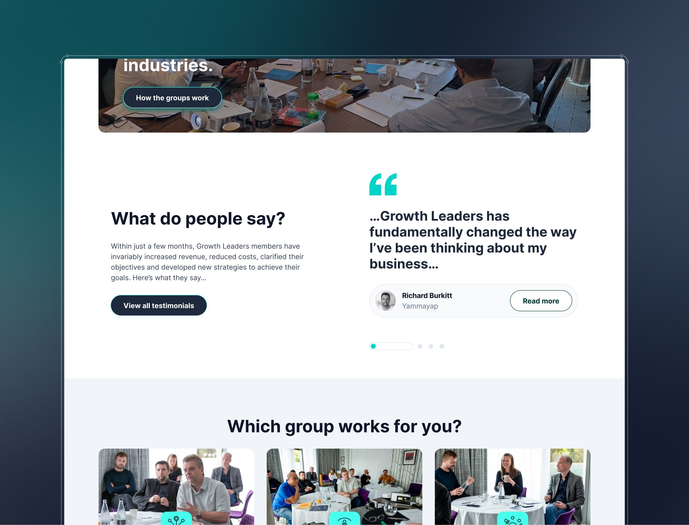 A webpage section showing a testimonial from Richard Burkett of Yarrmayo praising Growth Leaders, with navigation dots below and a "Which group works for you?" section displaying four photographs of people in office settings.