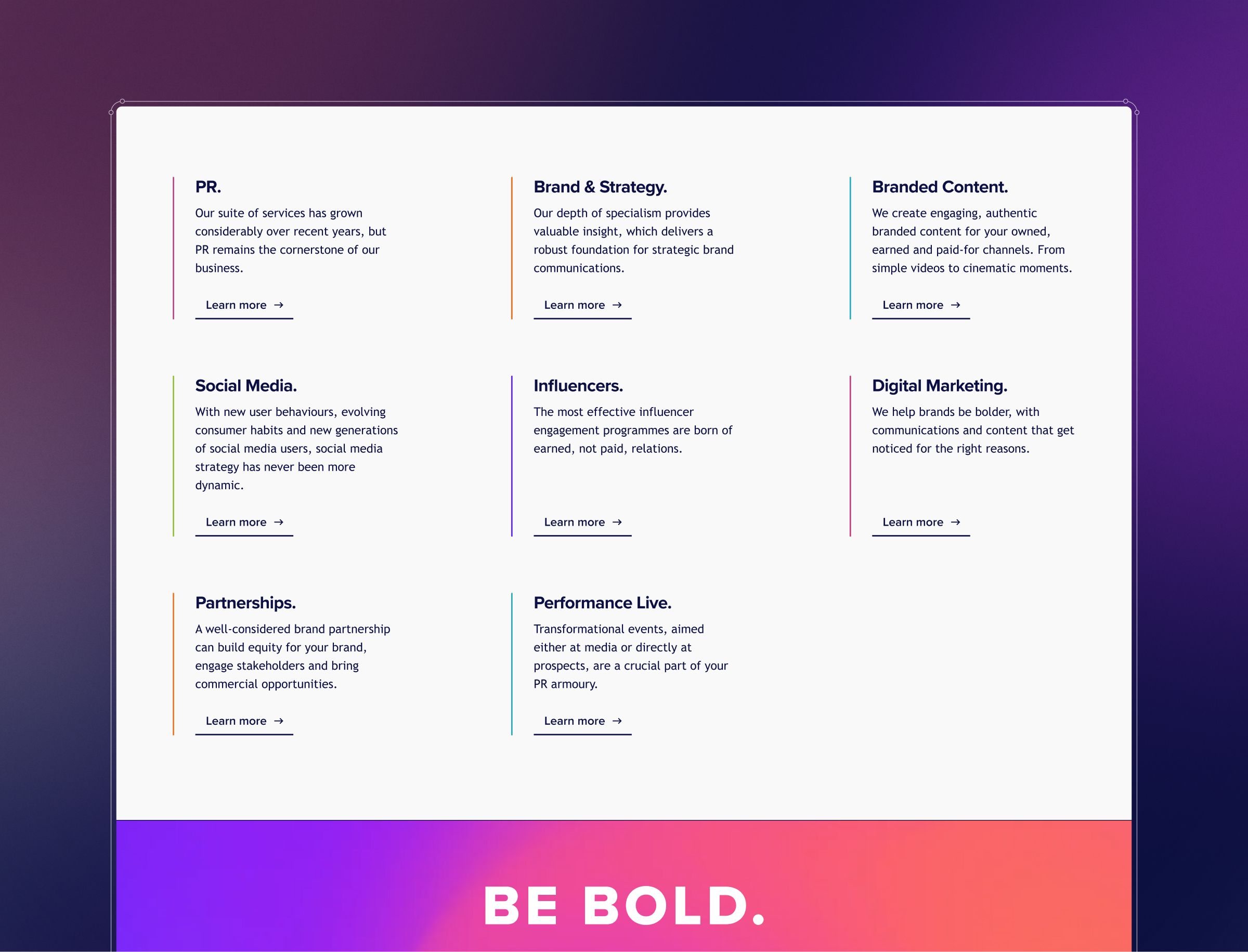 A grid of eight service cards with headings and descriptions, including PR, Brand & Strategy, Branded Content, Social Media, Influencers, Digital Marketing, Partnerships, and Performance Live, each with a "Learn more" link.