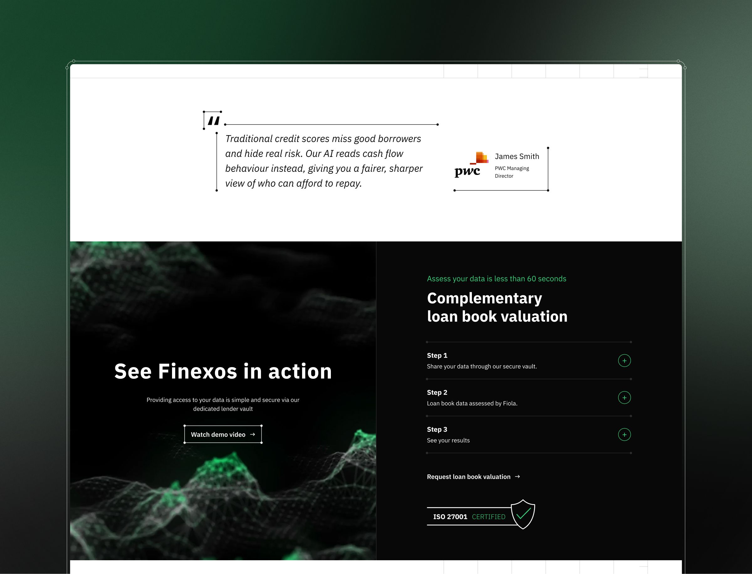 A webpage displaying PwC's Finexos loan valuation tool with a quote about credit scores, a "See Finexos in action" section with a demo video link, and a three-step complementary loan book valuation process.