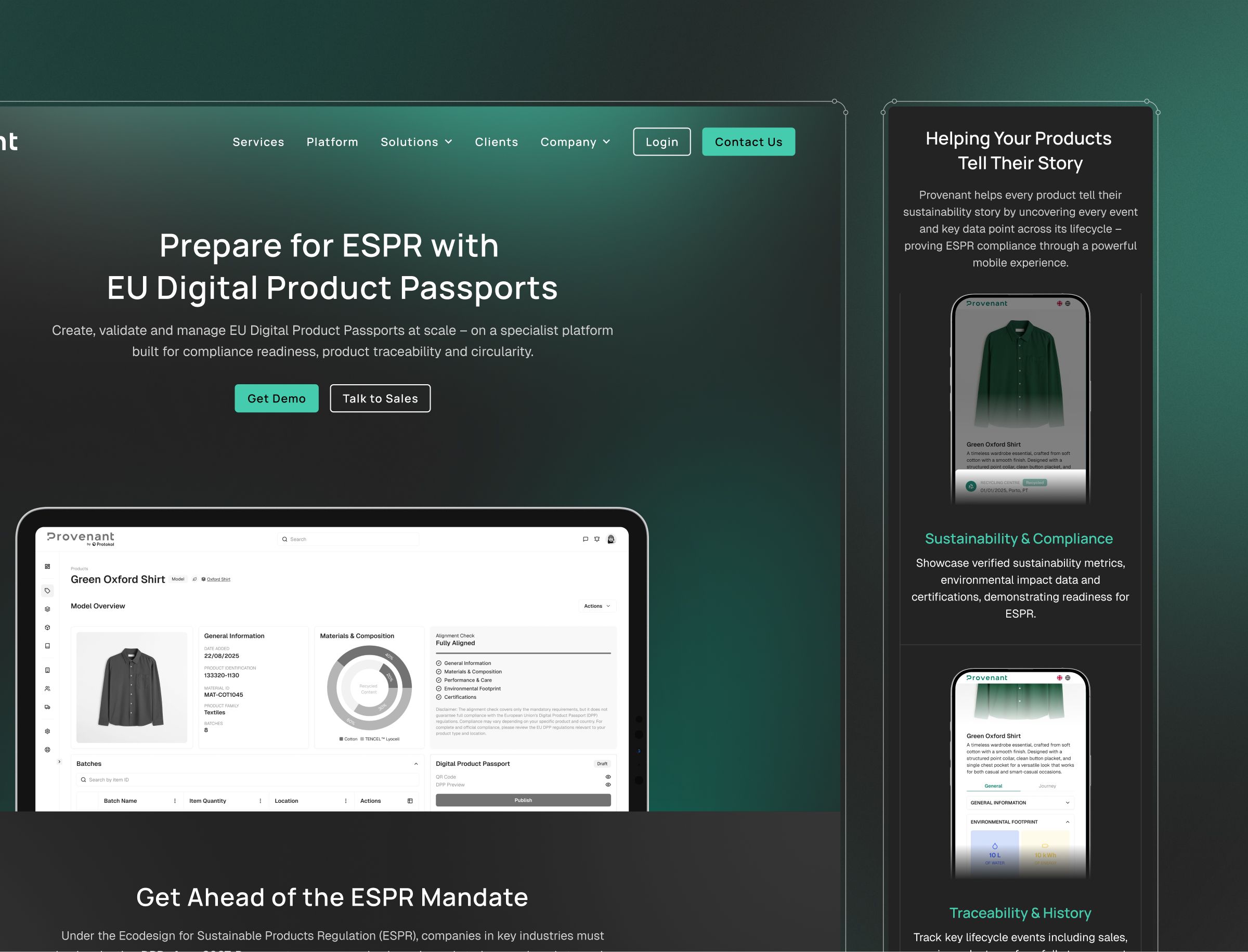 A website homepage displays information about EU Digital Product Passports, featuring a navigation menu, two call-to-action buttons, a product passport interface mockup on the left, and three feature cards on the right highlighting product.