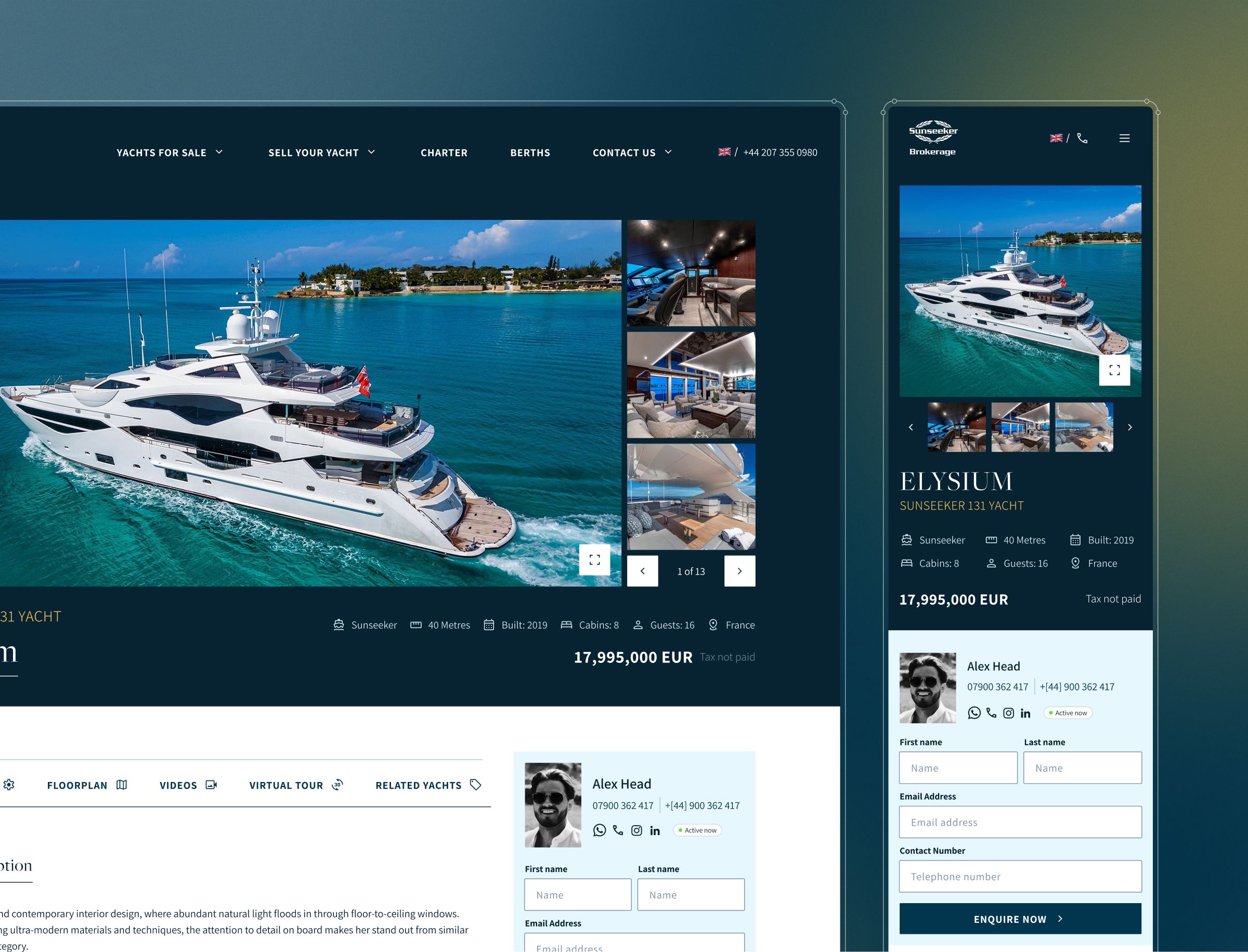 A luxury yacht sales website displaying a white motor yacht named Elysium with pricing at 17,995,000 EUR, featuring gallery images, vessel specifications, and a contact form for the listing agent.