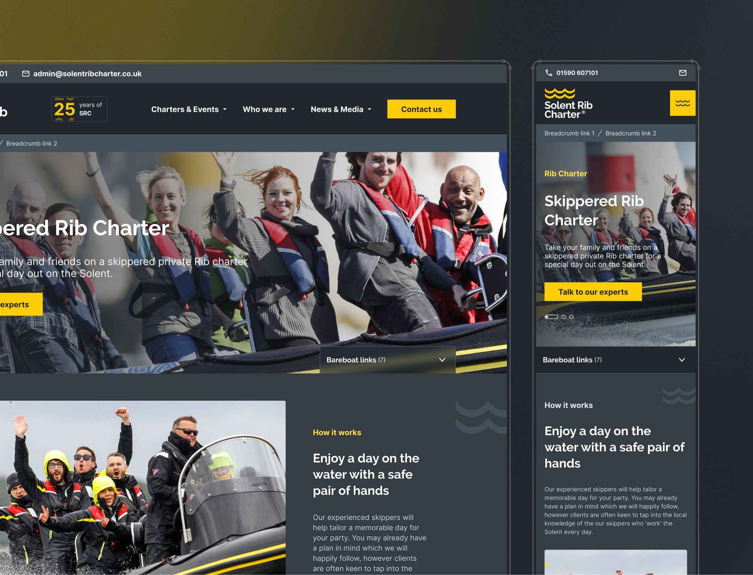 A website homepage for Solent Rib Charter displays a skippered rib boat charter service with photos of passengers enjoying water activities and a call-to-action button to contact experts.