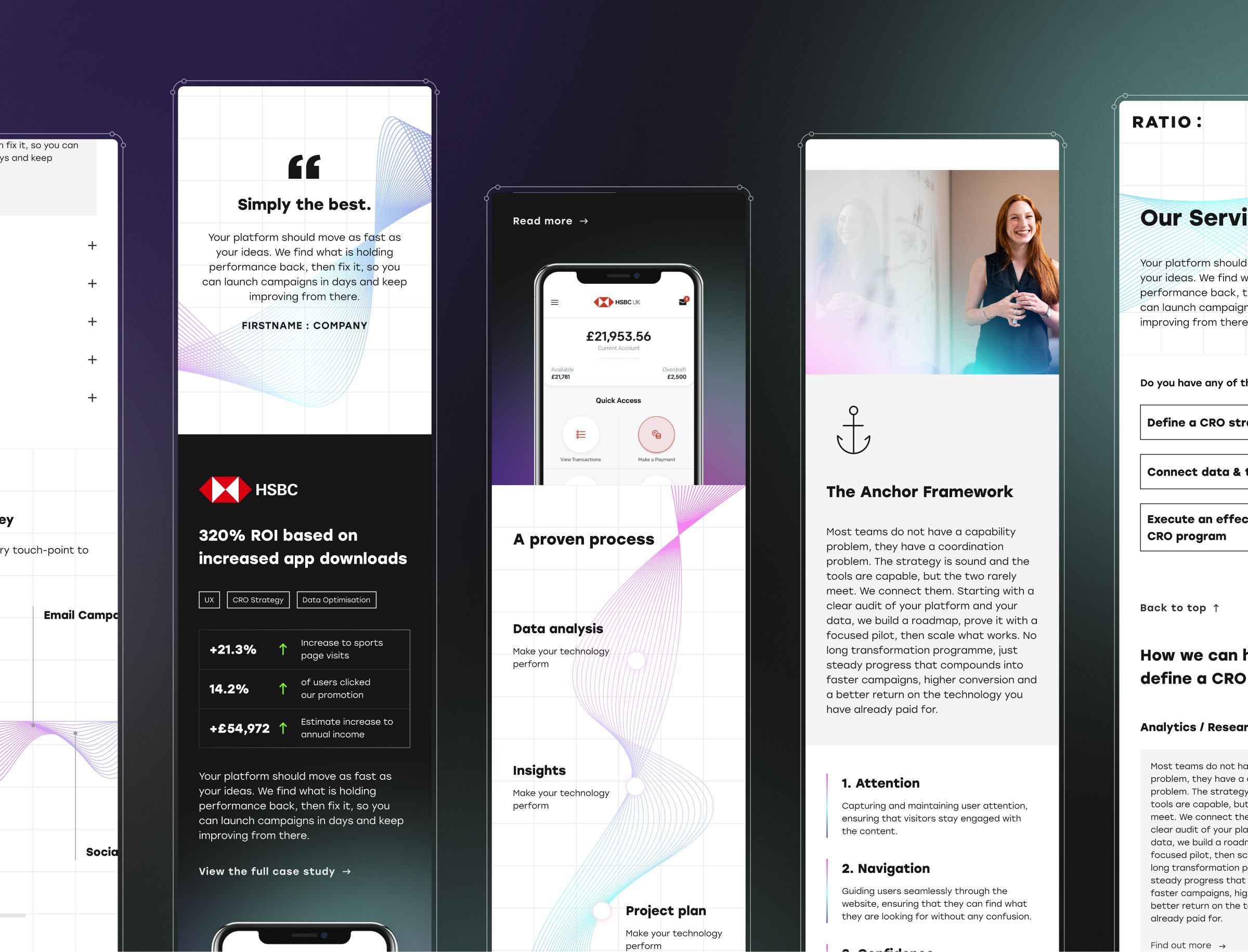 A collection of digital design mockups displaying web pages and mobile interfaces featuring testimonials, financial data, framework diagrams, and service descriptions with gradient overlays and typography samples.