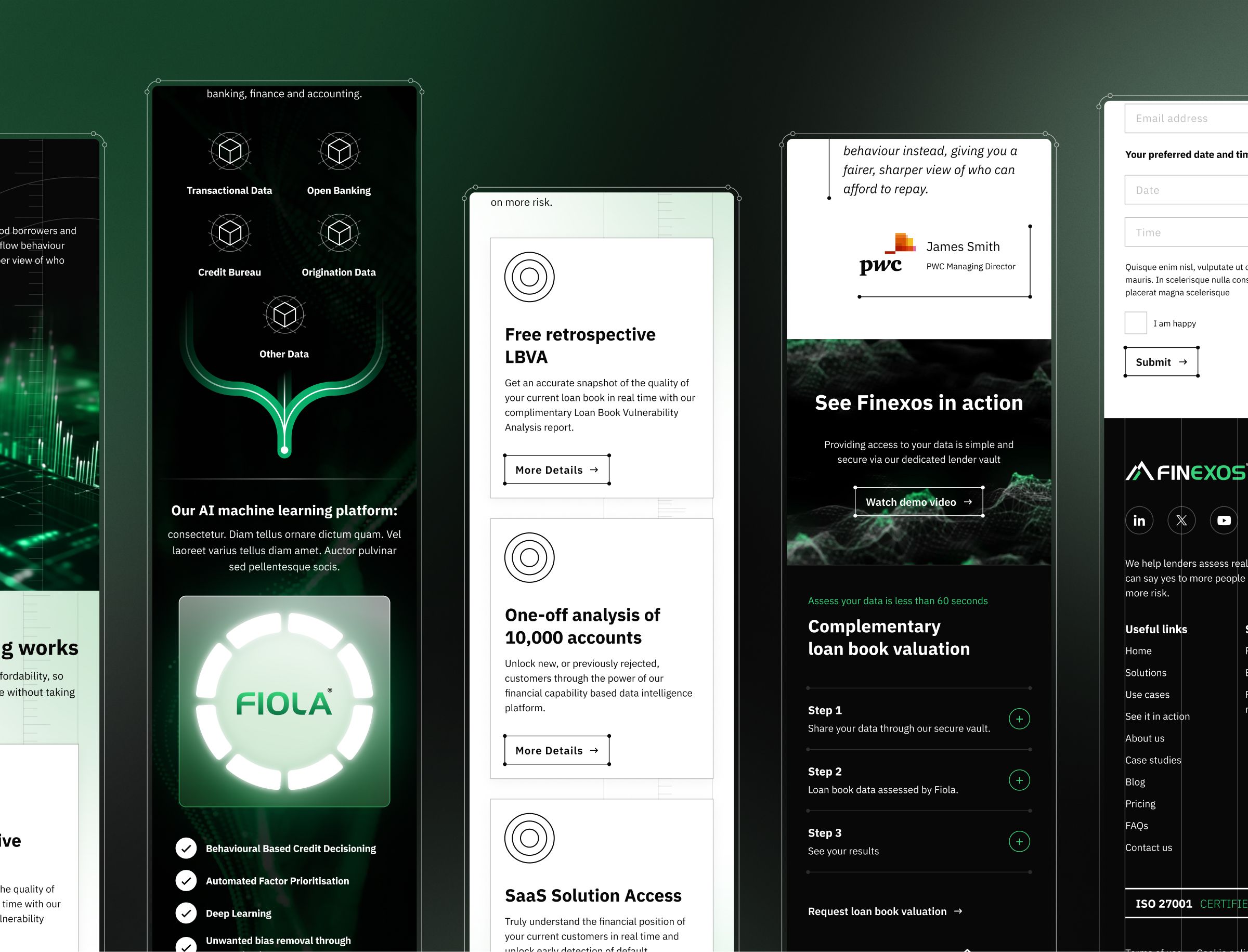 A website layout showcasing financial technology services including AI machine learning platforms, loan valuation tools, and banking solutions with feature cards and client testimonials.