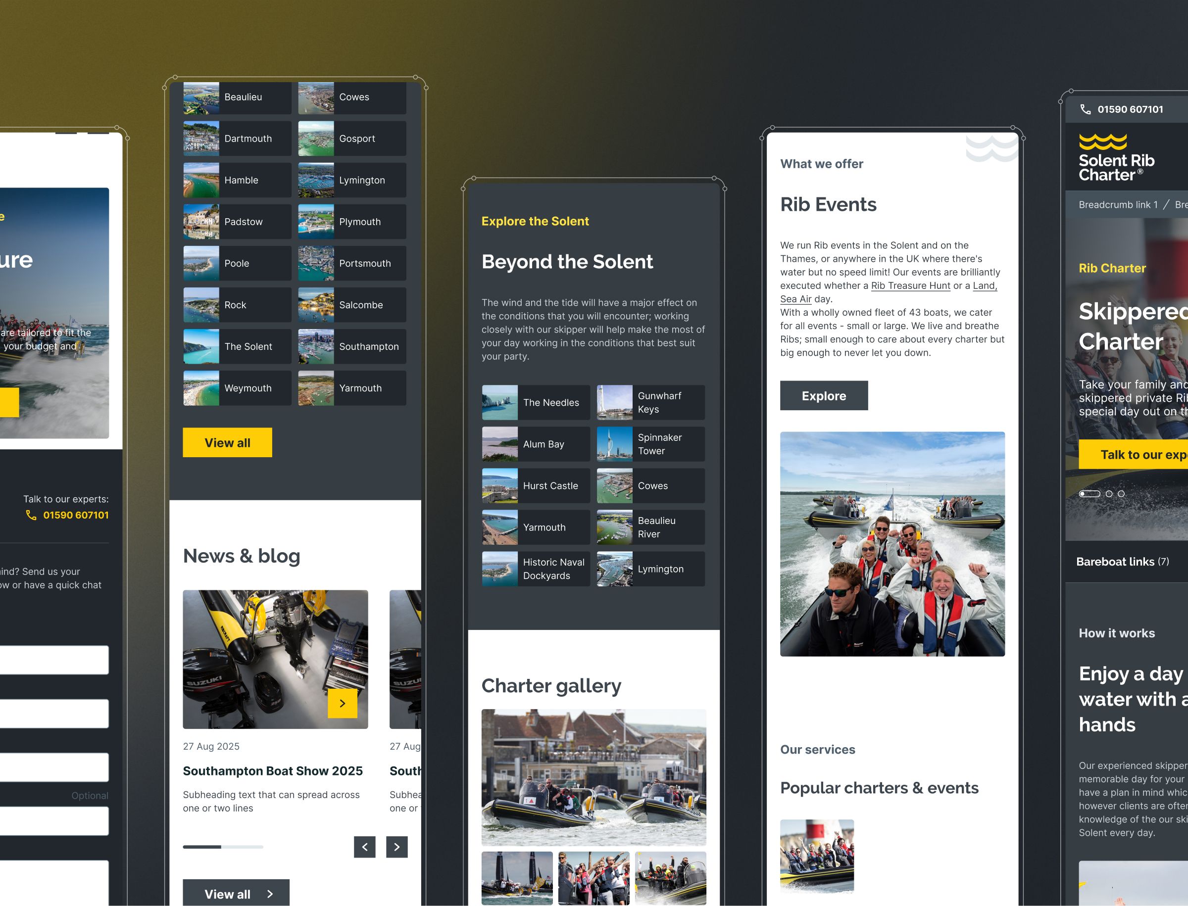 A website layout for a Solent-based boat charter company displaying navigation menus, event offerings, news articles, and charter gallery images alongside booking and contact options.