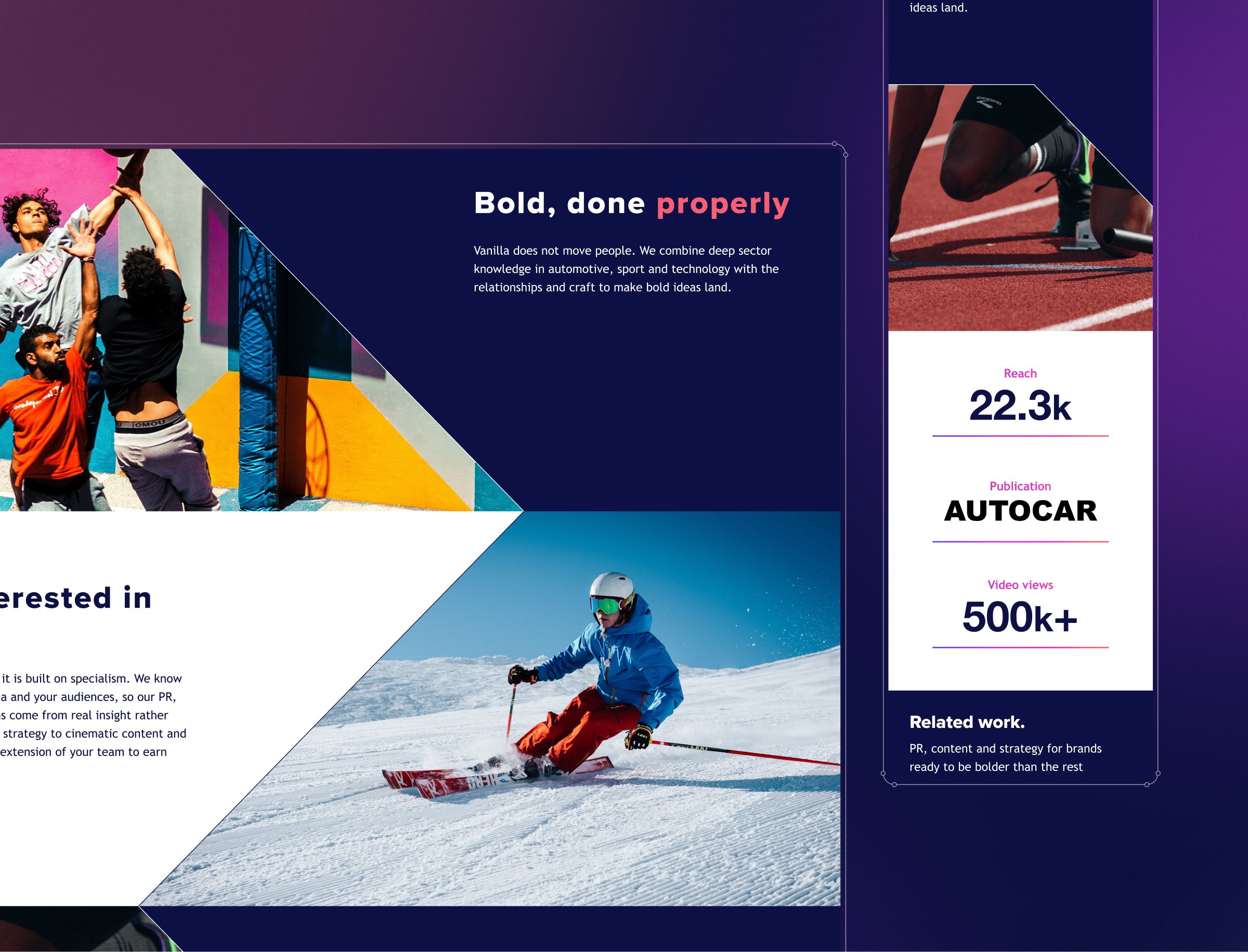 A portfolio webpage displaying design work for Autocar, featuring a skier in action on snow, vibrant lifestyle photography, and performance metrics including 22.3k reaches and 500k+ video views.