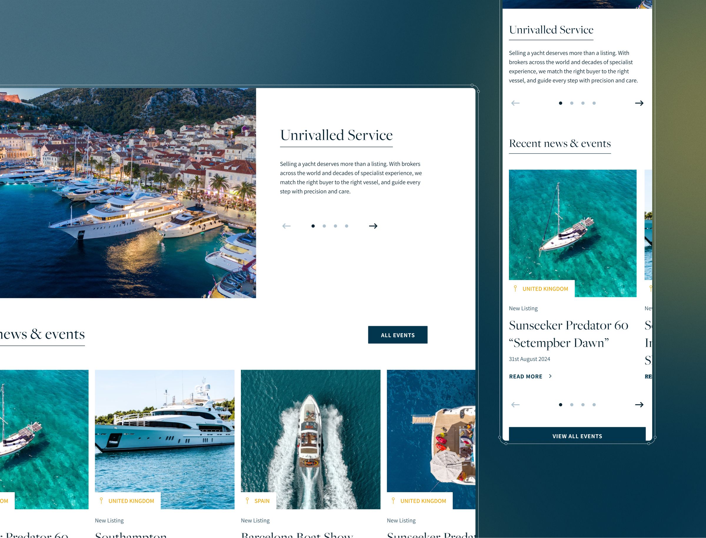 A website layout showcasing luxury yacht charter services with a Mediterranean harbor scene, service descriptions, and a news section featuring recent yacht listings and events.
