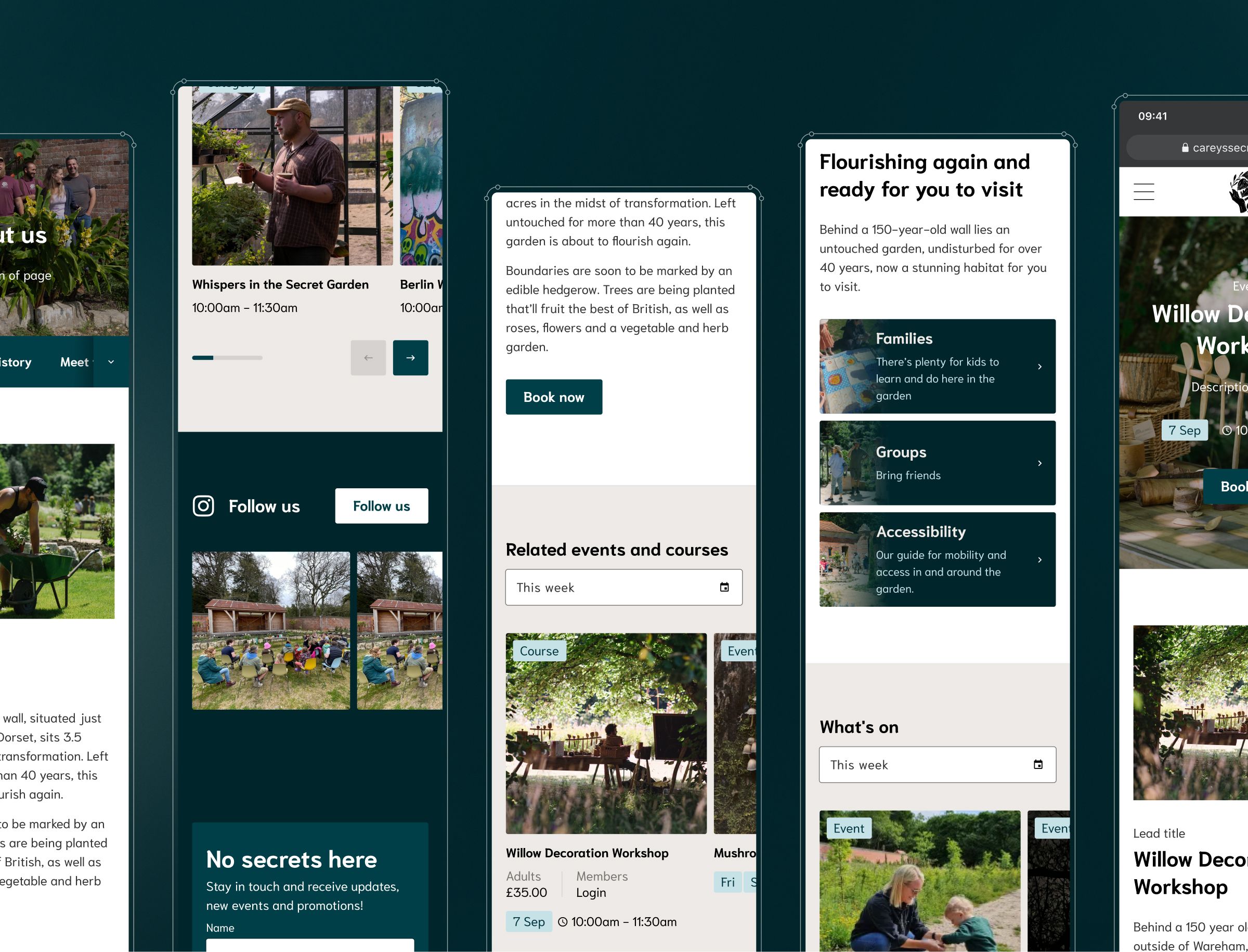 Multiple website pages displaying garden events, courses, and visitor information with booking options.