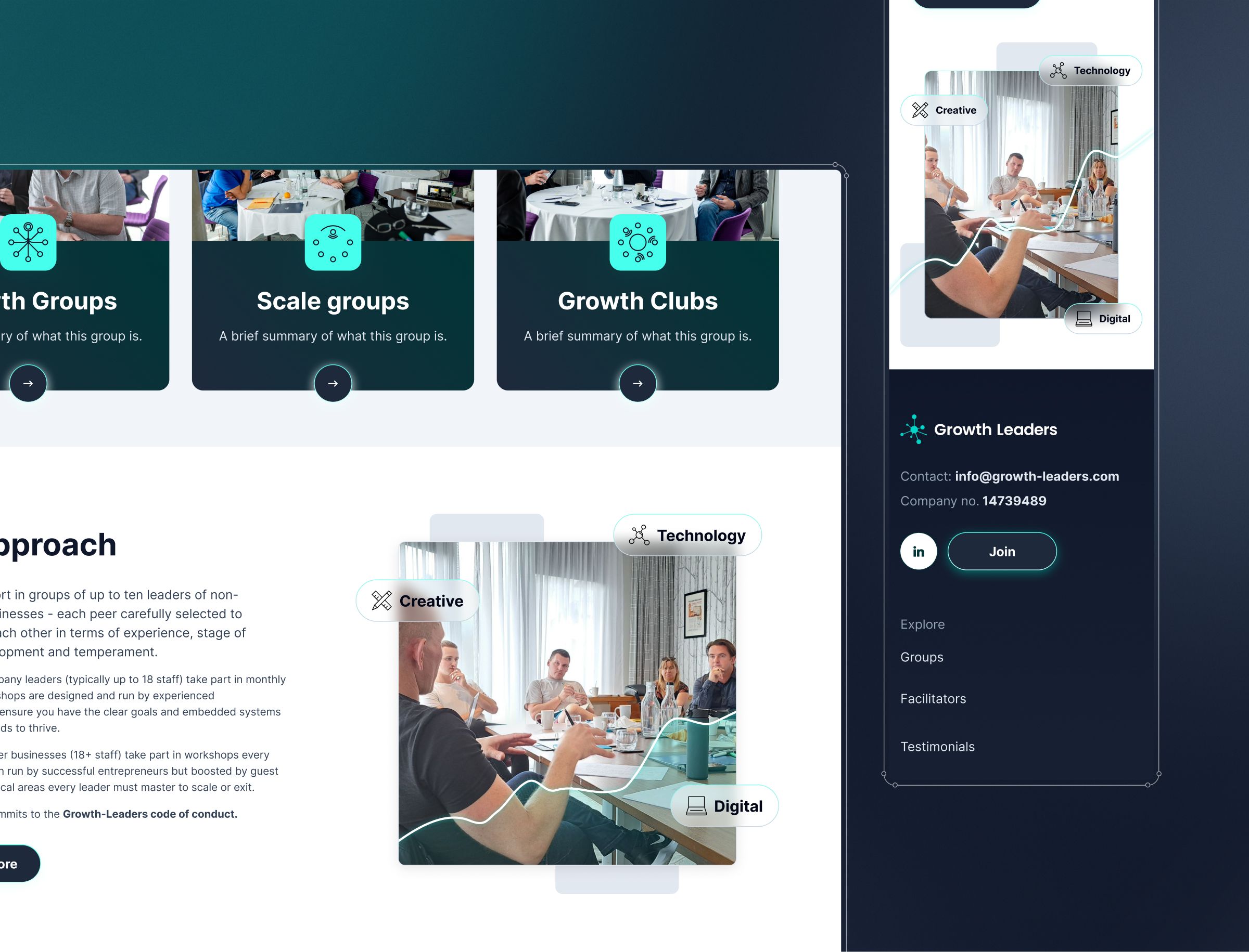 Growth Leaders website showing group programs, approach section, and navigation menu with contact details.