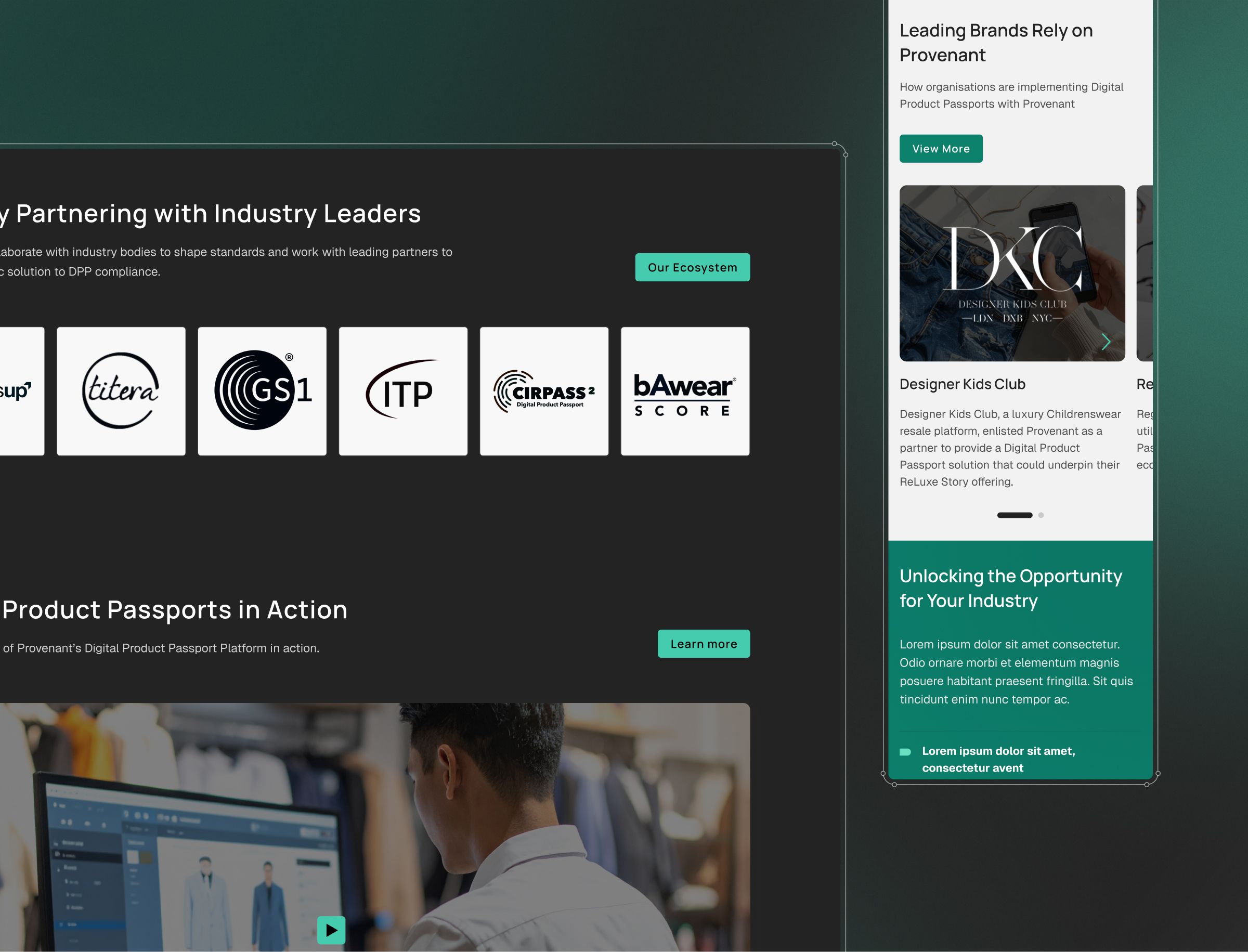 Website section displaying industry partner logos and Digital Product Passport platform features with case study example.