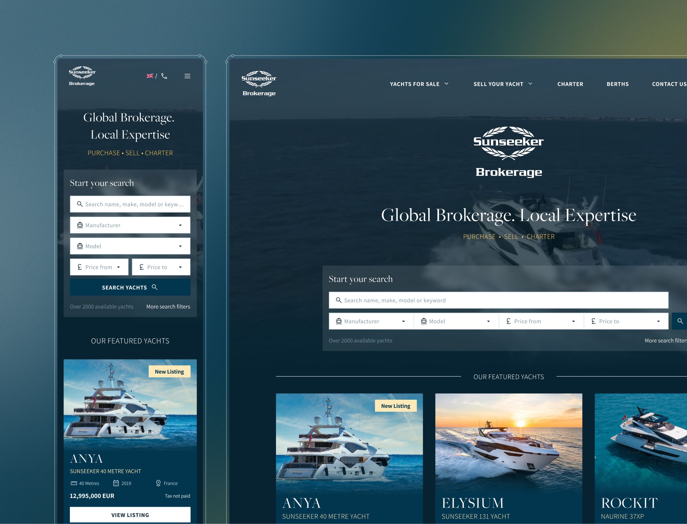 Sunseeker Brokerage website displaying yacht search interface with featured listings including Anya, Elysium, and Rockit.