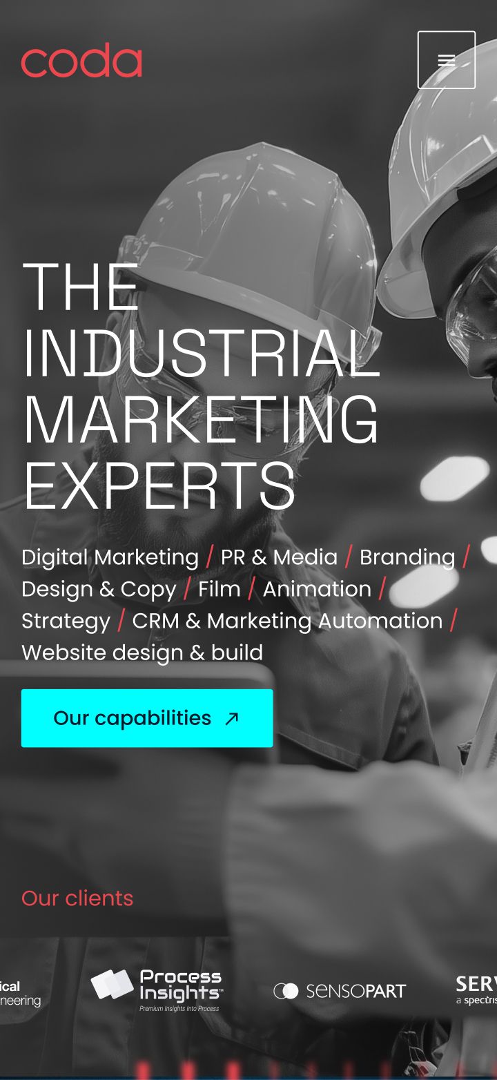 Construction workers wearing hard hats on an industrial site with text describing marketing services.