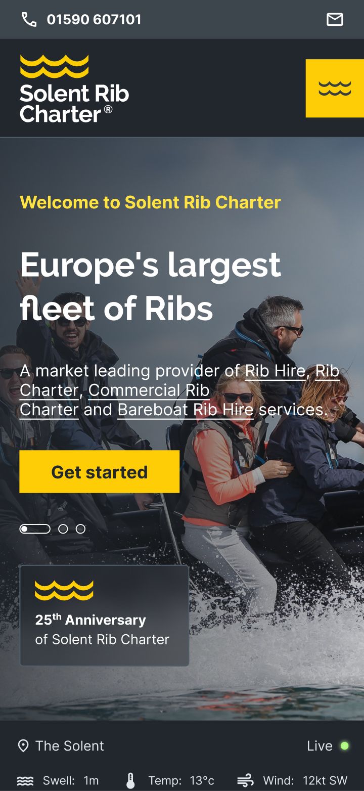 Solent Rib Charter website homepage featuring two people in a speedboat with the headline "Europe's largest fleet of Ribs" and a yellow "Get started" button.