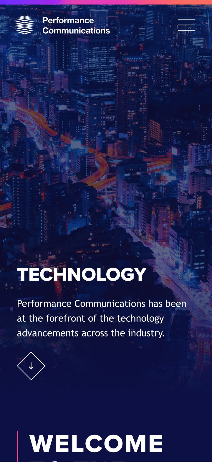 A nighttime cityscape with illuminated skyscrapers and glowing highways, overlaid with Performance Communications branding and text about technology advancements.