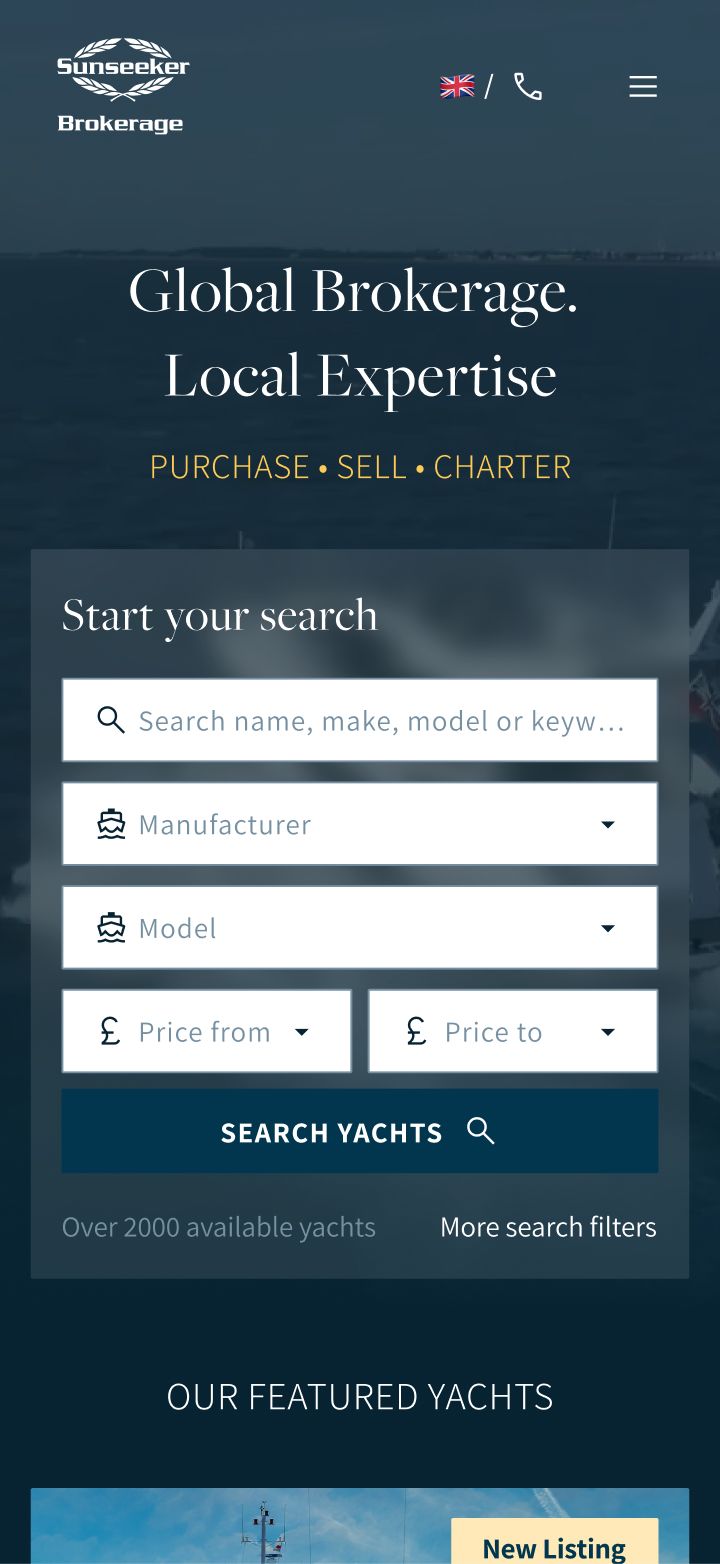 Sunseeker Brokerage yacht search interface with filters for manufacturer, model, and price range.